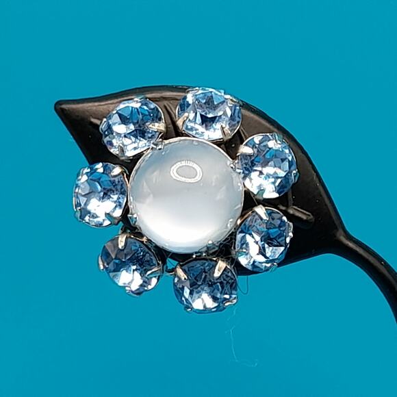 Vintage Light Blue Rhinestone Clip Earrings, Faux Moonstone, Silver Tone - Picture 5 of 11